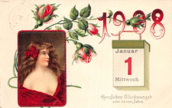 1908 New Year Greetings Calendar Lady in Red Vintage Postcard AA82599