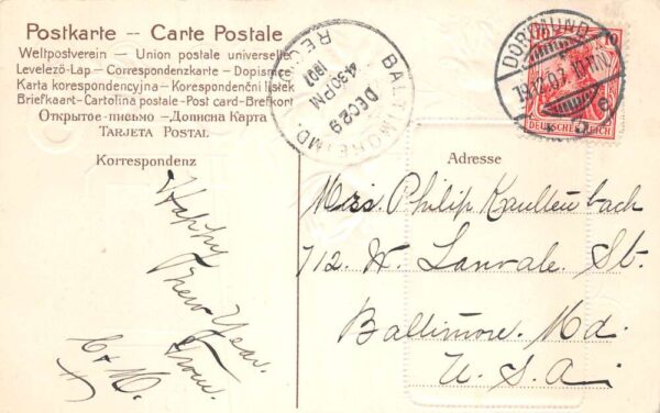 1908 New Year Greetings Calendar Lady in Red Vintage Postcard AA82599 - Image 2