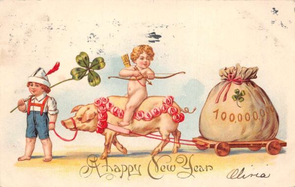 New Year Greetings Riding Pig Wagon Vintage Postcard AA82600