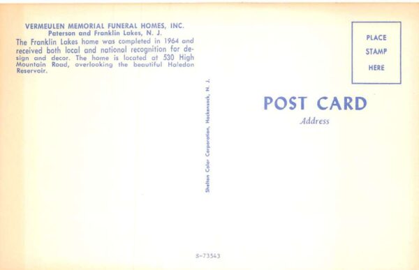 Paterson New Jersey Franklin Lakes Vermeulen Funeral Home Postcard AA82688 - Image 2