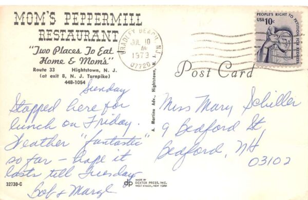Hightstown New Jersey Moms Peppermill Restaurant Vintage Postcard AA82831 - Image 2