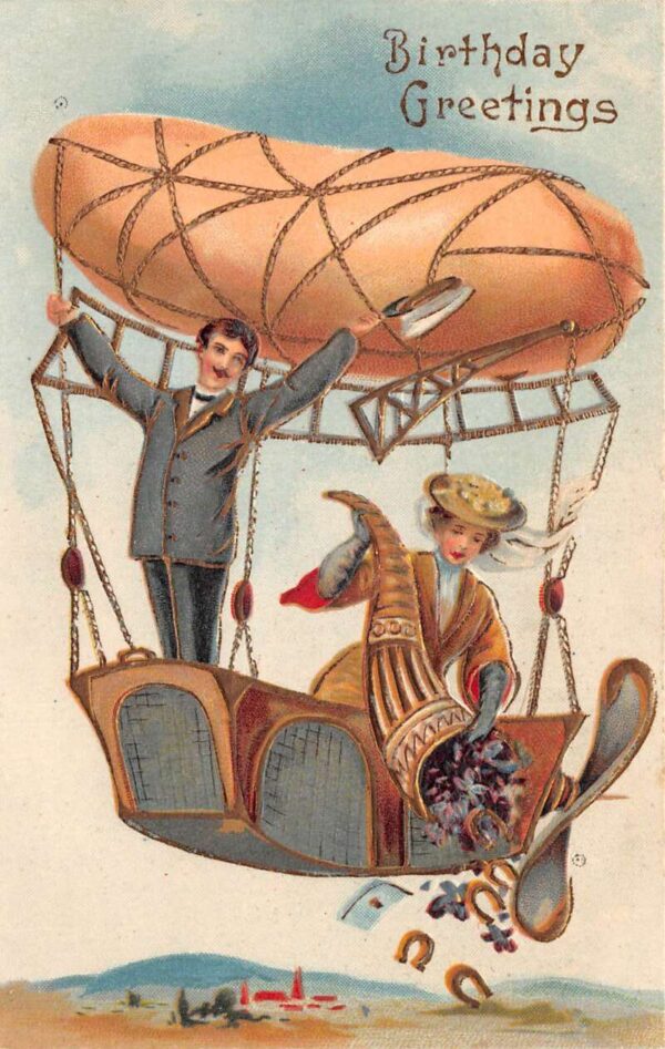 Birthday Greetings Flying Airship Dirigible Vintage Postcard AA81765
