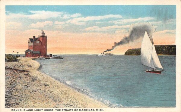 Mackinac Michigan Round Island Lighthouse and Straits Vintage Postcard AA81780