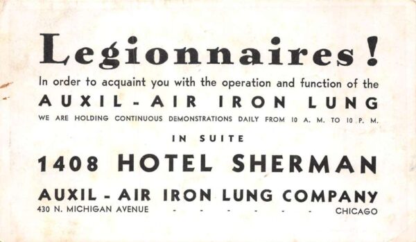 Chicago Illinois Auxil Air Iron Lung Hotel Sherman Ad Vintage Non PC AA81845 - Image 2