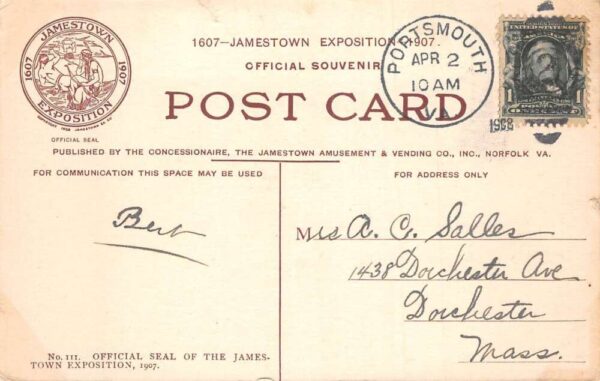 1907 Jamestown Expo Official Seal Greetings Vintage Postcard AA81855 - Image 2