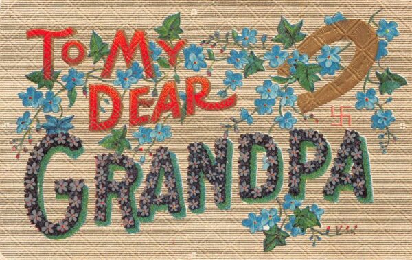 Greetings To My Dear Grandpa Horseshoe Flowers Swastika Vintage Postcard AA81865