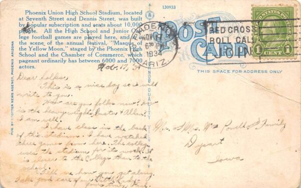 Phoenix Arizona Phoenix Union High School Stadium Vintage Postcard AA81919 - Image 2