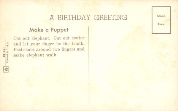 Happy Birthday, Elephants Donâ€™t Forget, Cut & Fold Puppet Postcard U17601 - Image 2