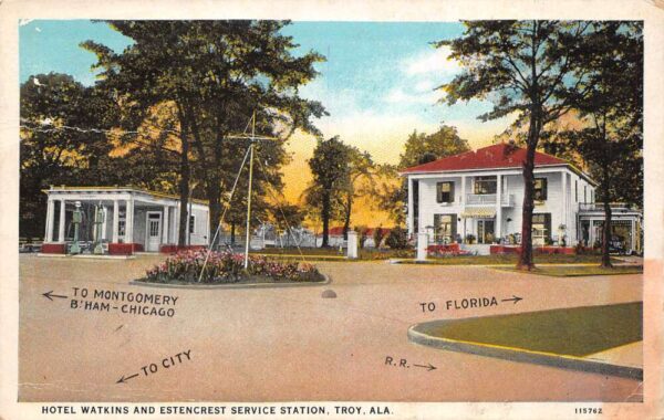 Troy Alabama Hotel Watkins & Estencrest Service Station, Vintage PC U17618
