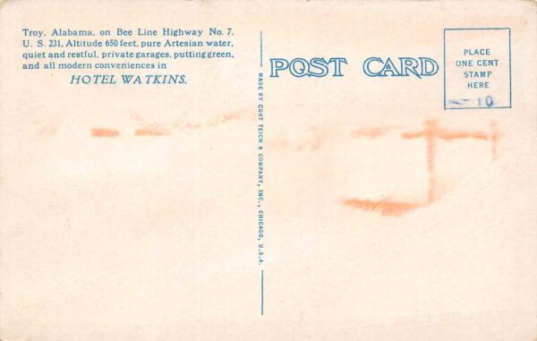 Troy Alabama Hotel Watkins & Estencrest Service Station, Vintage PC U17618 - Image 2