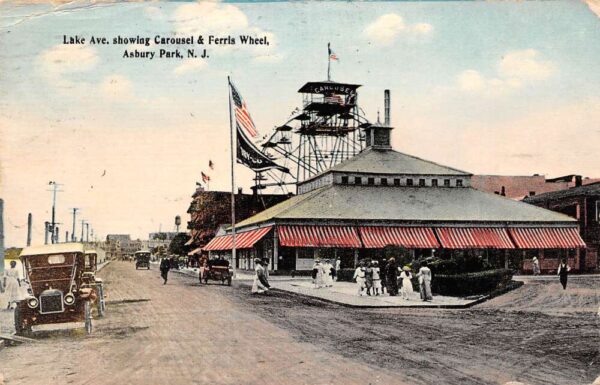 Asbury Park New Jersey Lake Ave., Showing Carousel & Ferris Wheel, PC U17628