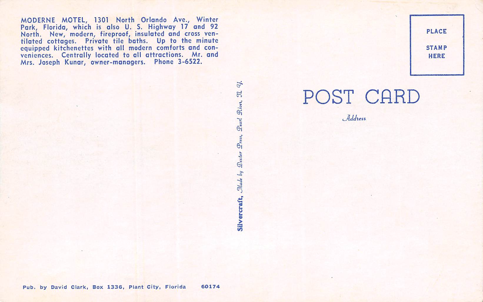 Winter Park Florida Moderne Motel, B/W Chrome Vintage Postcard U17649 - Image 2