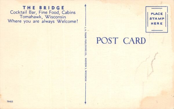 Tomahawk Wisconsin The Bridge Bar & Restaurant, Linen, Vintage PC U17651 - Image 2
