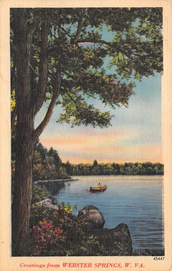 Webster Springs West Virginia Greetings From, Canoe On Water, Linen, PC U17652