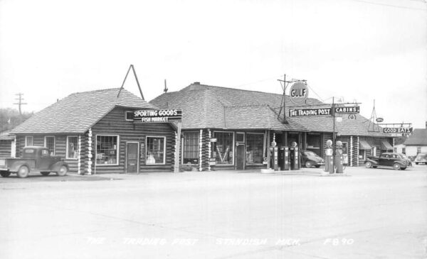 Standish Michigan The Trading Post Gas Station Real Photo Postcard AA82060