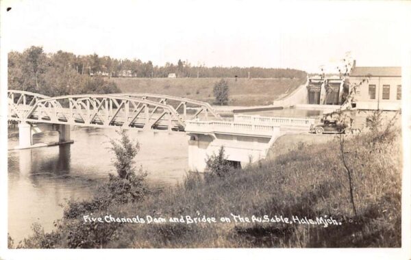 Hale Michigan Au Sable River Five Channels Dam and Bridge Real Photo PC AA82076