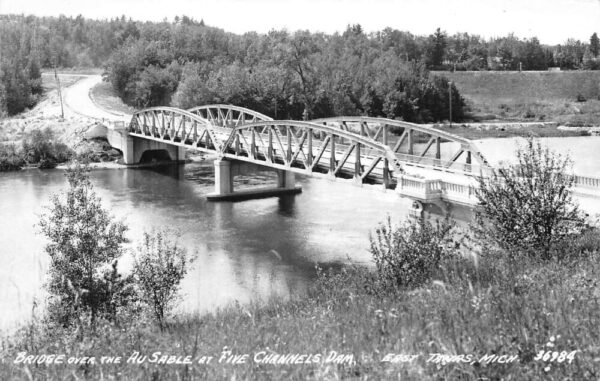 East Tawas Michigan Au Sable River Bridge and Dam Real Photo Postcard AA82077