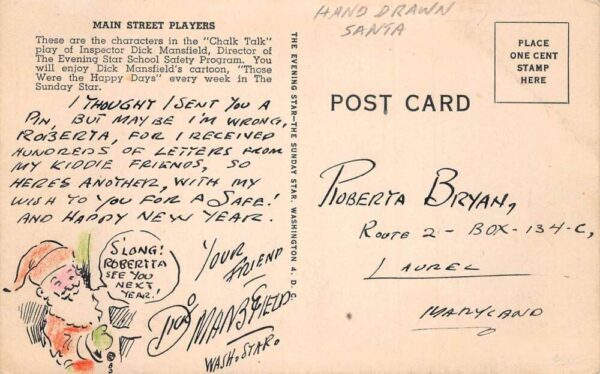 Main Street Players Dick Mansfield Signed Hand Drawn Santa on Back PC AA82103 - Image 2
