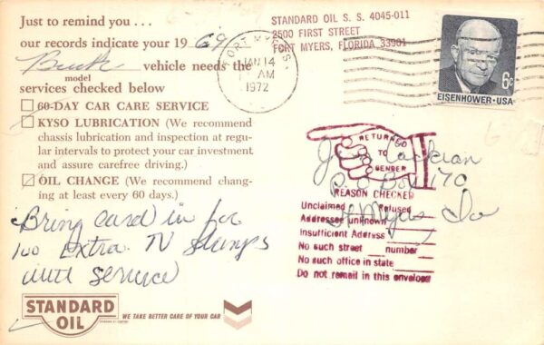 Fort Myers Florida Standard Oil Car Service Mechanic Reminder Postcard AA82109 - Image 2