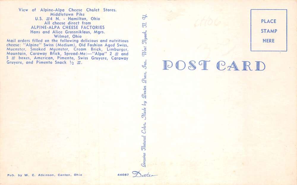 Wilmot Ohio Alpine Alpa Cheese Chalet Store Vintage Postcard AA82111 - Image 2