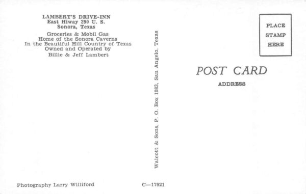 Sonora Texas Lambert's Drive Inn Vintage Postcard AA82250 - Image 2