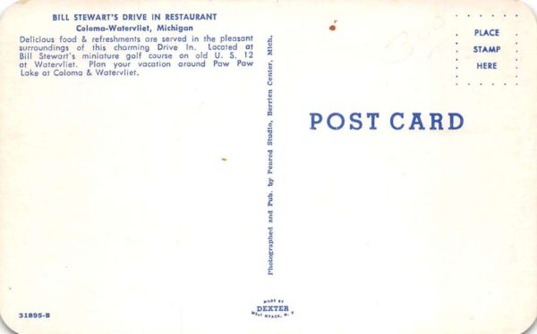 Coloma Watervliet Michigan Bill Stewarts Drive In Restaurant Postcard AA82254 - Image 2
