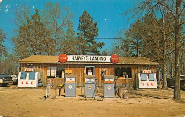 Shelbyville Texas Harvey's Landing Gas Station Coke Sign Postcard AA82261