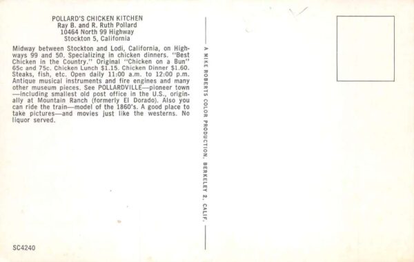 Stockton California Pollard's Chicken Kitchen Restaurant Postcard AA82269 - Image 2