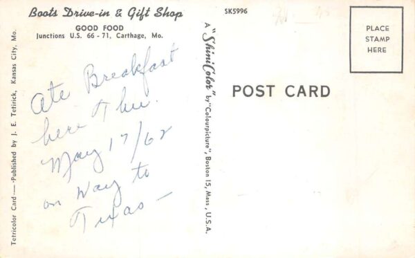 Carthage Missouri Boots Drive In and Gift Shop Coke Sign Postcard AA82273 - Image 2