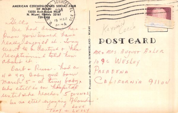 North Miami Florida American Czechloslovaks Social Club, Vintage PC U22056 - Image 2