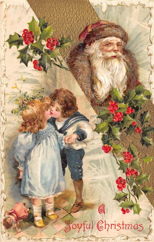 "A Joyful Christmas", Brown Robed Santa & Kissing Children, Winsch PC U22064