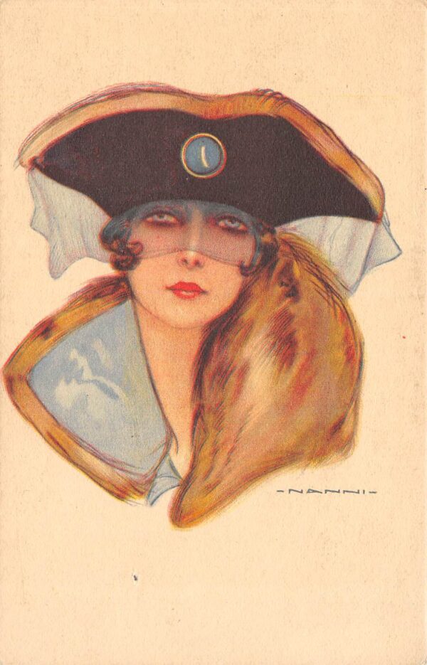 Artist Signed Nanni, Lady In Large Hat With Veil, Vintage Postcard U22077