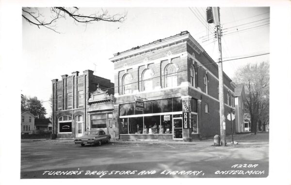 Onsted Michigan Turner's Drug Store & Library, Coca Cola Sign, RPPC U22099