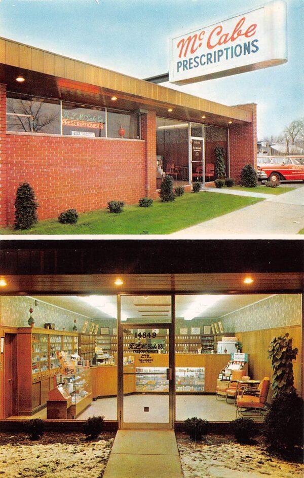 Detroit Michigan R.L. McCabe Pharmacy, Chrome, Vintage Postcard U22177
