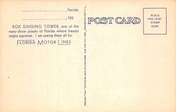 Lake Wales Florida Bok Singing Tower and Zephyr Bus Vintage Postcard AA94583 - Image 2