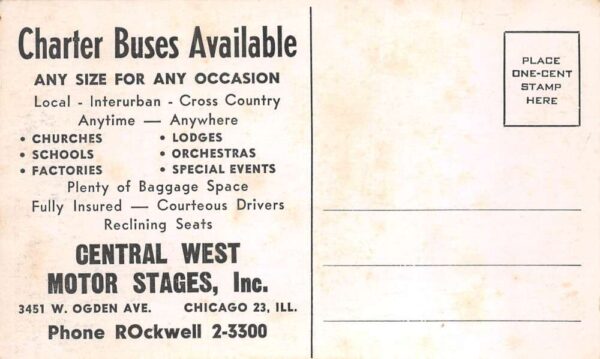 Chicago Illinois Central West Motor Stages Chart Bus Ad Vintage Postcard AA94589 - Image 2