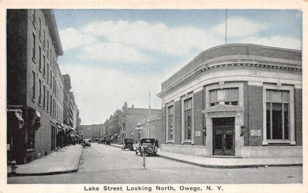 Owego New York Lake Street Looking North First Nationa Bank Postcard AA94884