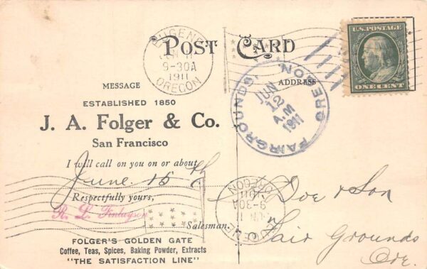 San Francisco California JA Folger Co Golden Gate Shipment Postcard AA94914 - Image 2