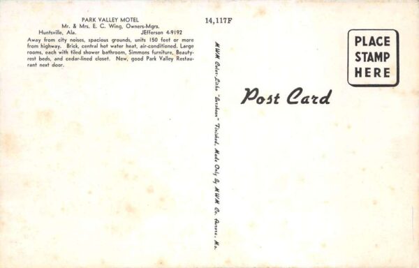 Huntsville Alabama Park Valley Motel Vintage Postcard AA92865 - Image 2