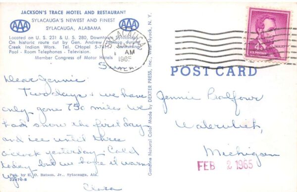Sylacauga Alabama Jacksons Trace Motel and Restaurant Vintage Postcard AA92867 - Image 2