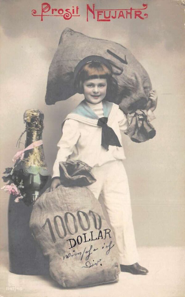 New Year Greetings Boy with Money Bags Champagne Tinted Real Photo PC AA92920