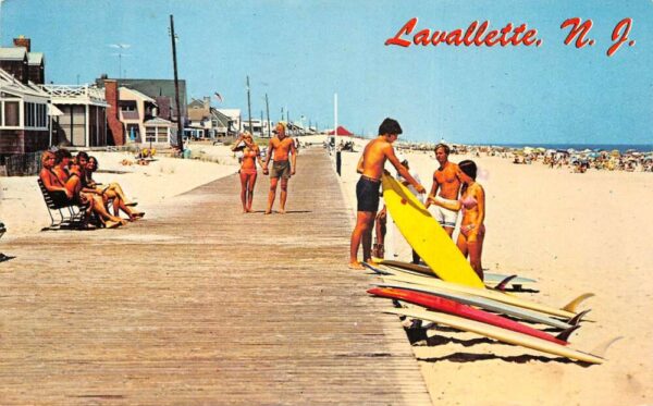 Lavallette New Jersey Boardwalk and Beach Scene Surfing Postcard AA93007