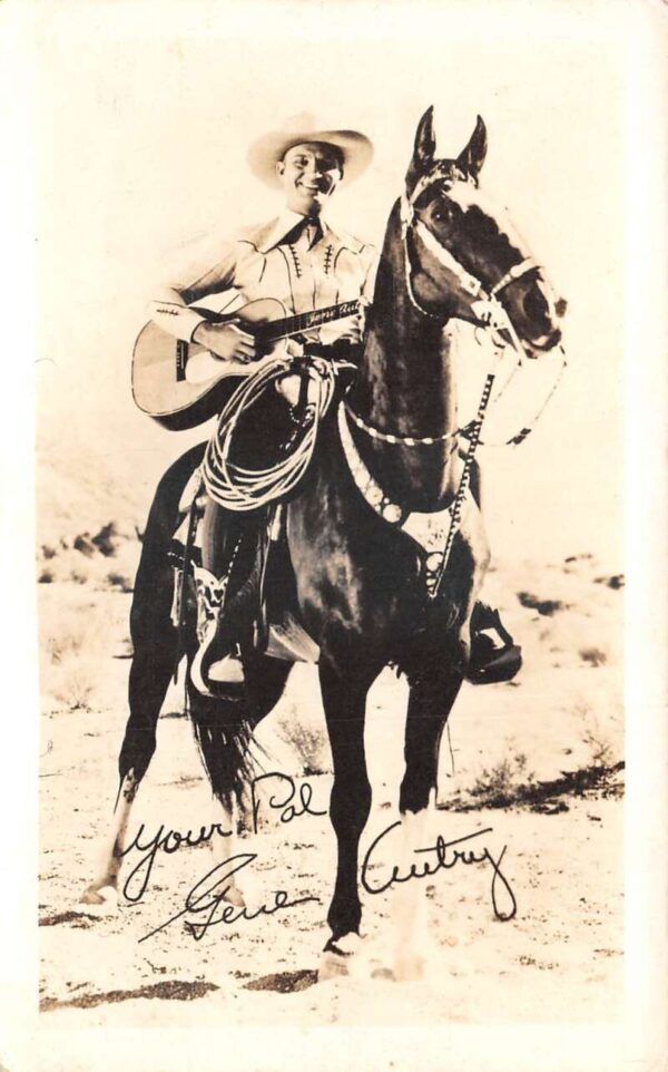 Gene Autry Singing Cowboy with Guitar on Horse Signed Real Photo PC AA93197