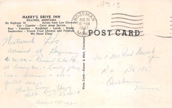 Billings Montana Harry's Drive Inn Vintage Postcard AA93249 - Image 2
