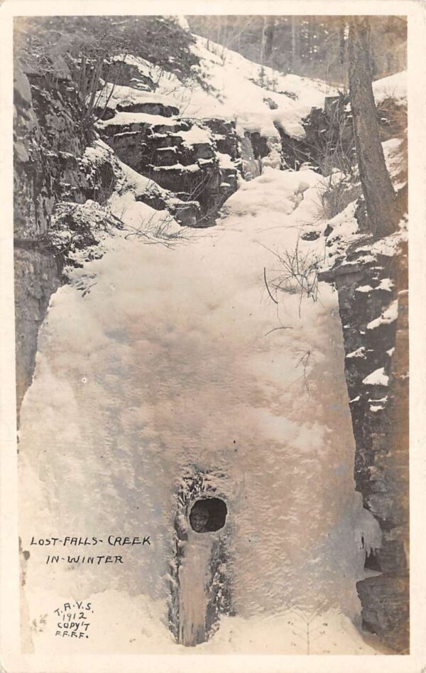 Lost Falls Creek Montana ? Winter Scene Man behind Ice Real Photo PC AA93251