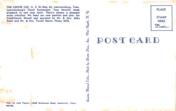Lawrenceburg Tennessee The Coffee Cup Restaurant Vintage Postcard AA94198 - Image 2