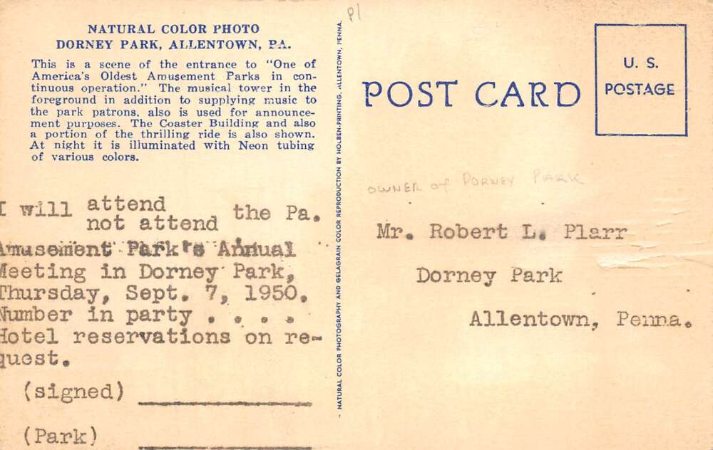 Allentown Pennsylvania Dorney Park Roller Coaster Vintage Postcard AA94347 - Image 2