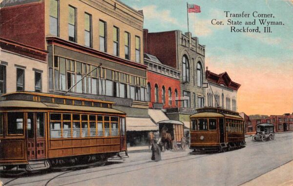Rockford Illinois Transfer Corner Trolley Car Vintage Postcard AA95091