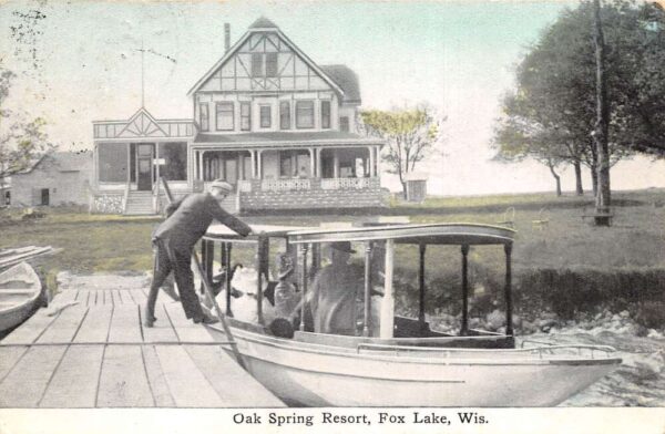Fox Lake Wisconsin Oak Spring Resort Boat Landing Vintage Postcard AA96959