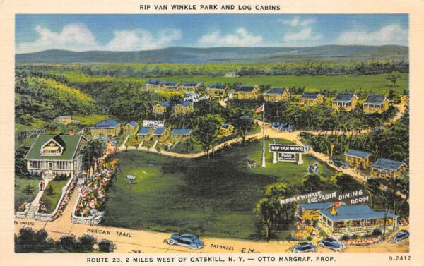 Catskill New York Rip Van Winkle Park and Log Cabins Vintage Postcard AA98197